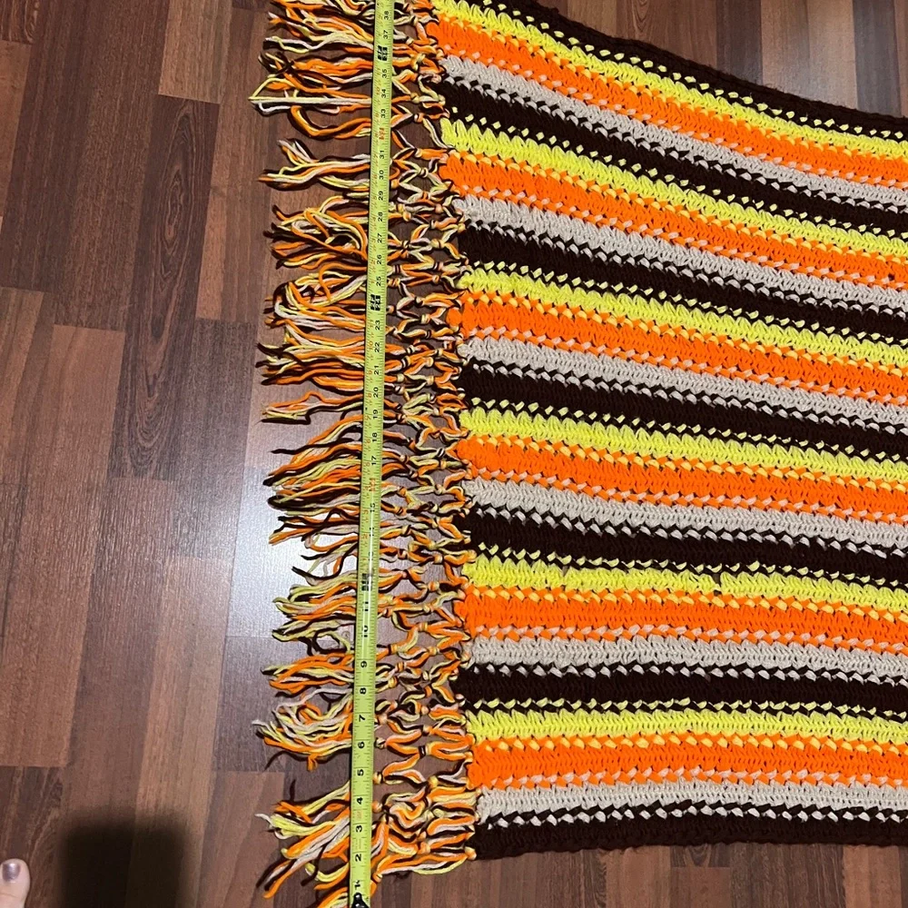 Vintage BOHO Crochet Knitted Afghan Blanket Brown Orange Yellow Retro￼ F…